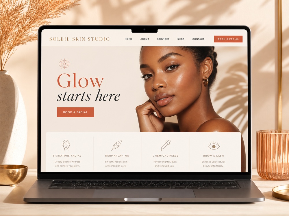 Finished luxury beauty business website shown on a laptop